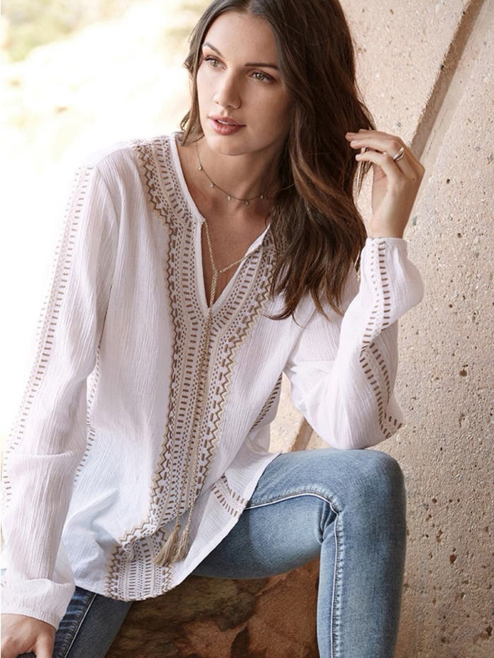 Karen Kane White cream tassel Embroidered Side Slit Tunic Top Tan